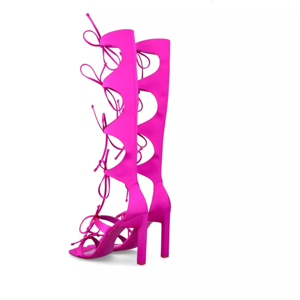 The Attico Aria Gladiator Fuscia Pink Satin Lace Up Heels