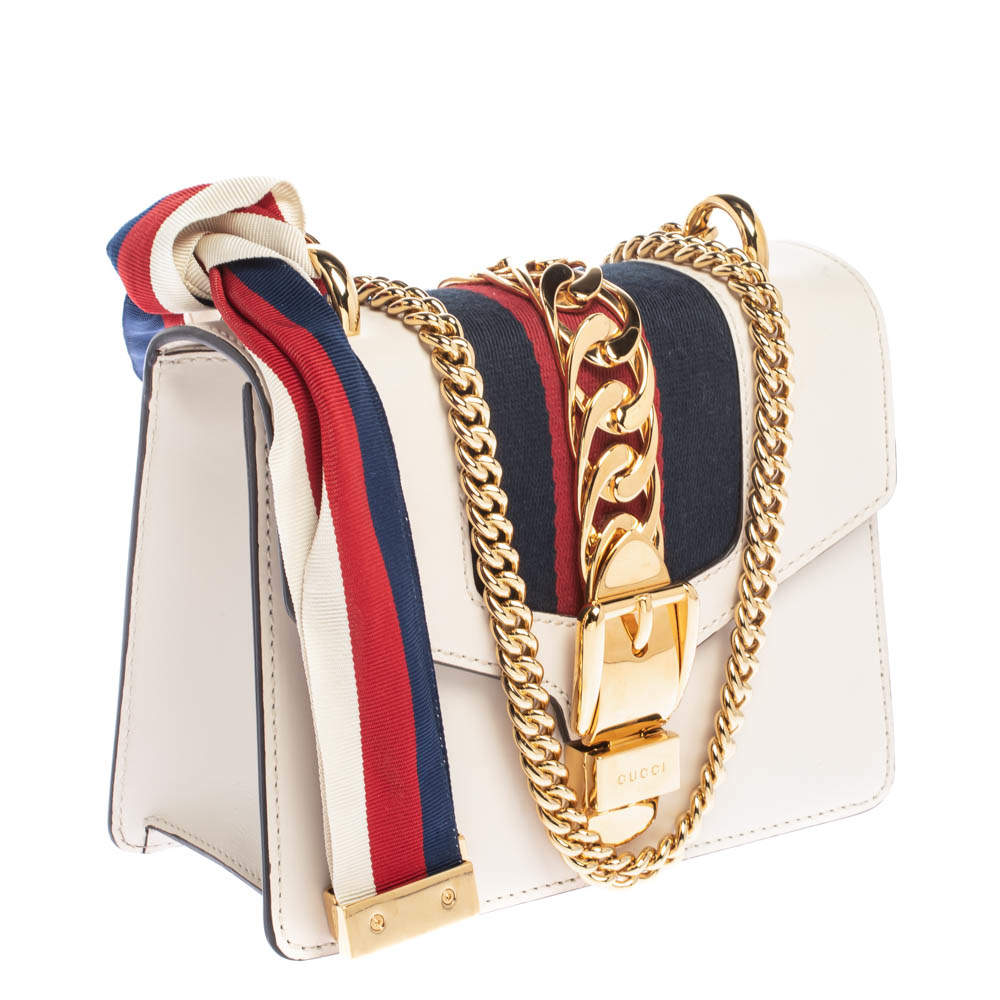Gucci Cream/Off-White Leather Mini Gold Chain Sylvie Shoulder Bag
