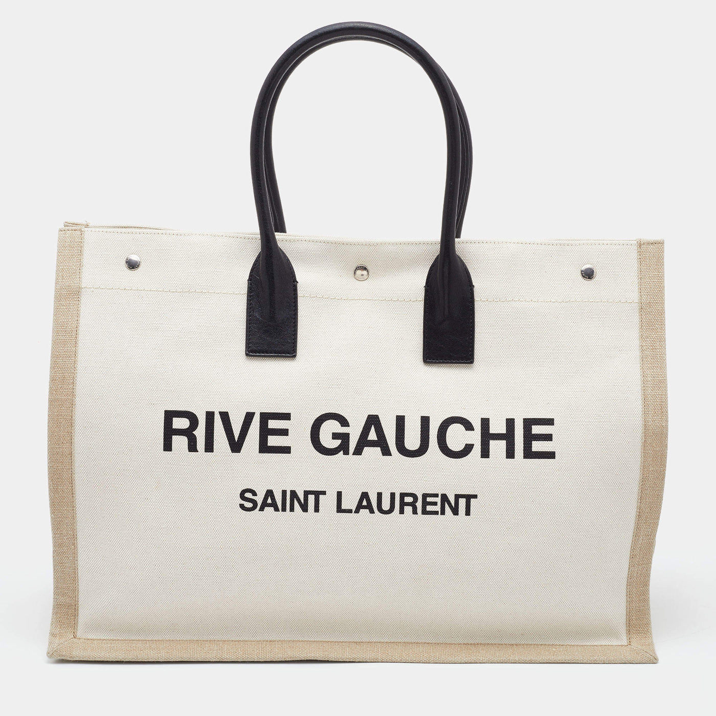Saint Laurent Beige/Black Linen and Leather Rive Gauche Shopper Tote Bag