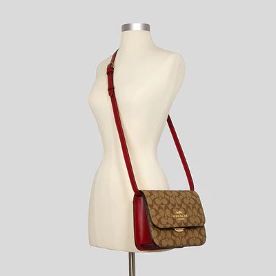 Coach Brynn Flap Crossbody In Signature Canvas Bag In Khaki/ Red