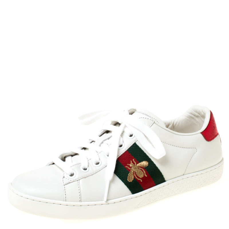 Gucci White Leather Ace Embroidered Bee Low Top Sneakers - Size 4