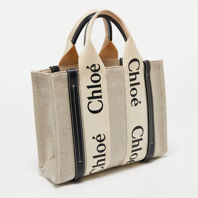 Chloé Beige/Black Canvas and Leather Small Woody Tote