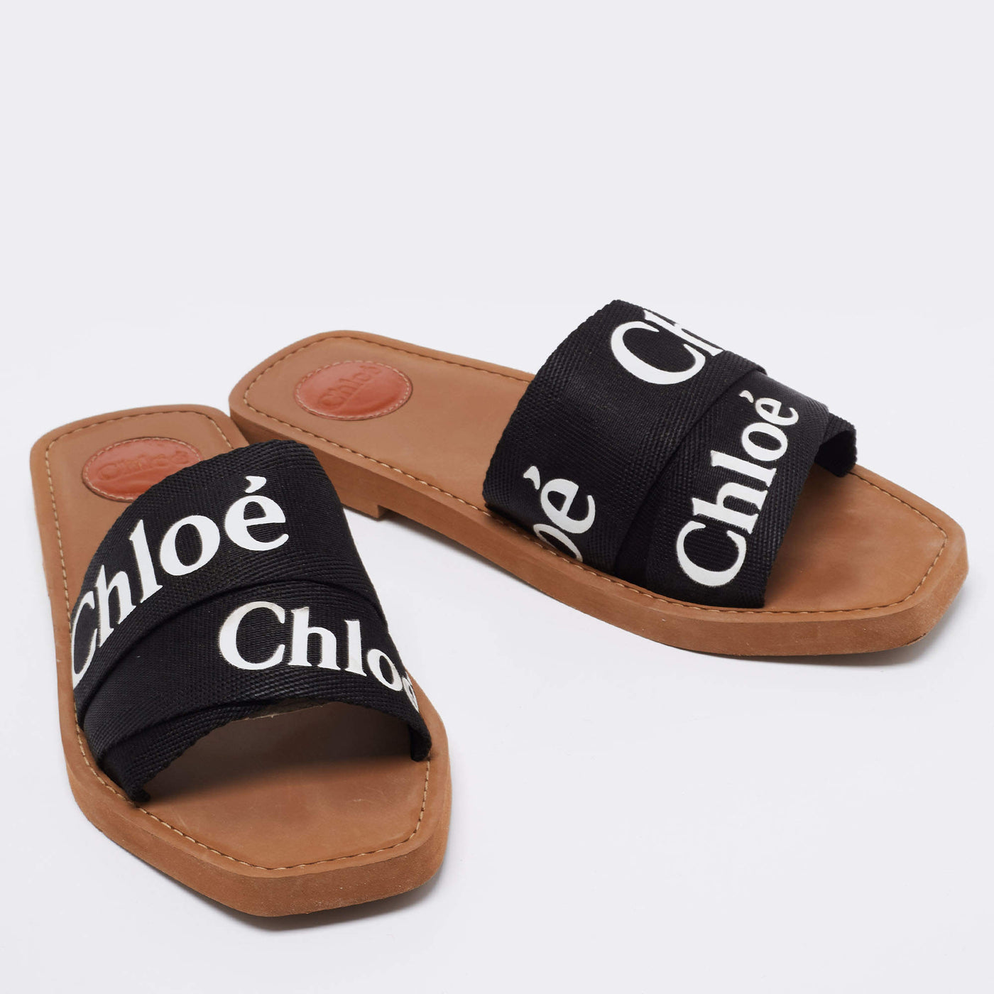 Chloe Black Canvas Logo Ribbon Woody Flat Sandals - Size 7