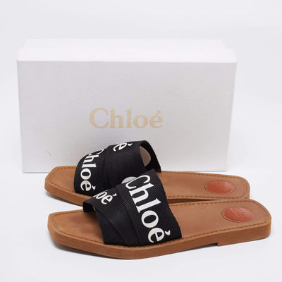 Chloe Black Canvas Logo Ribbon Woody Flat Sandals - Size 7