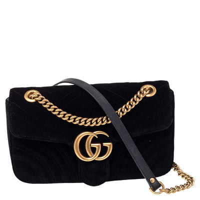 Gucci Black Matelassé Velvet and Leather Small GG Marmont Shoulder Bag
