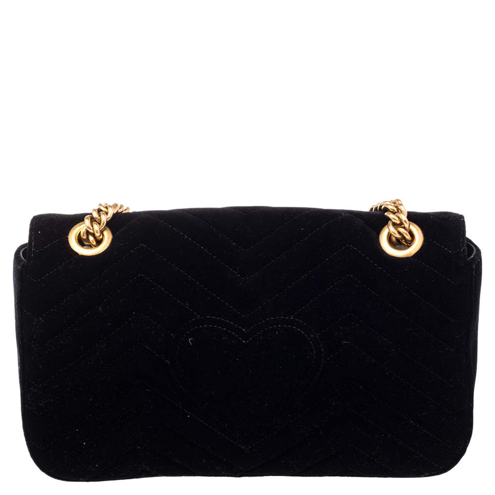Gucci Black Matelassé Velvet and Leather Small GG Marmont Shoulder Bag