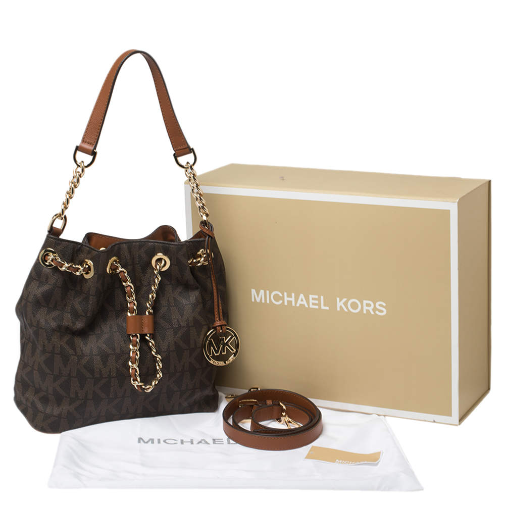 Michael Kors Brown Signature Coated Canvas and Leather Medium Frankie Bucket Bag