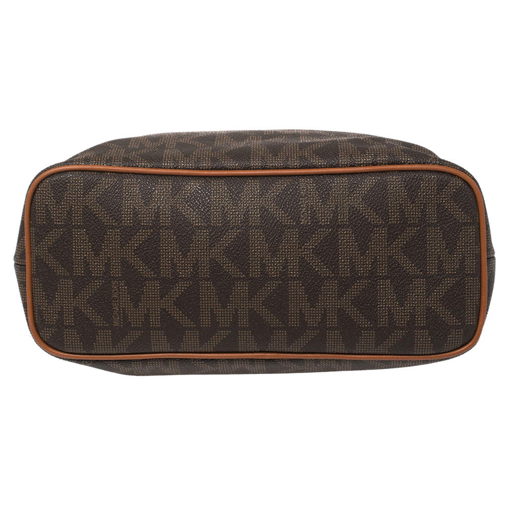 Michael Kors Brown Signature Coated Canvas and Leather Medium Frankie Bucket Bag