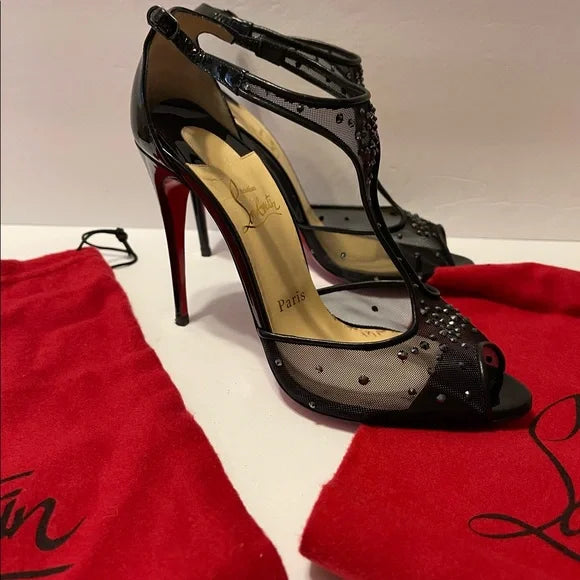 Christian Louboutin Black Mesh Salopatina Follies Strass Pumps Size